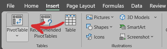 inserting a pivot table